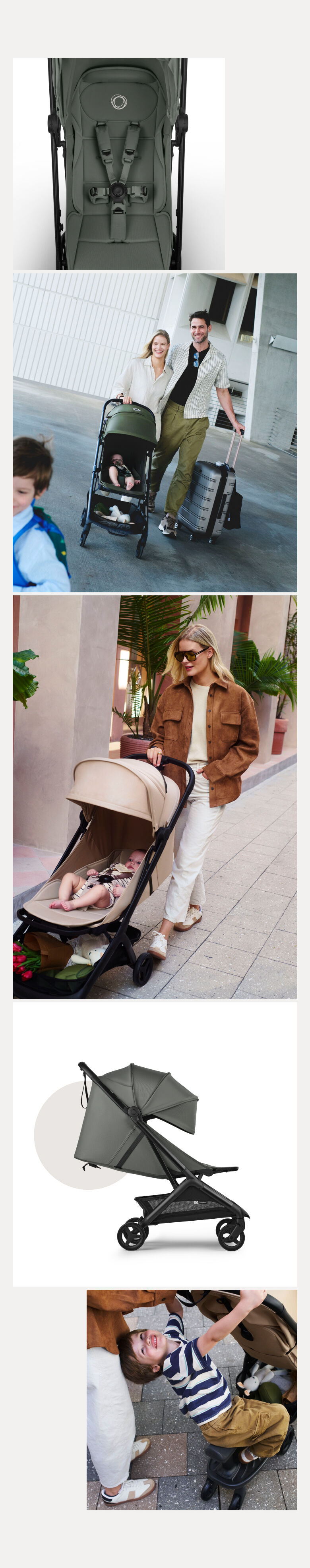 A collage of several photos depicting the Bugaboo Butterfly 2 Plus travel stroller, with a lay-flat seat, with different families as they travel and explore the city.
