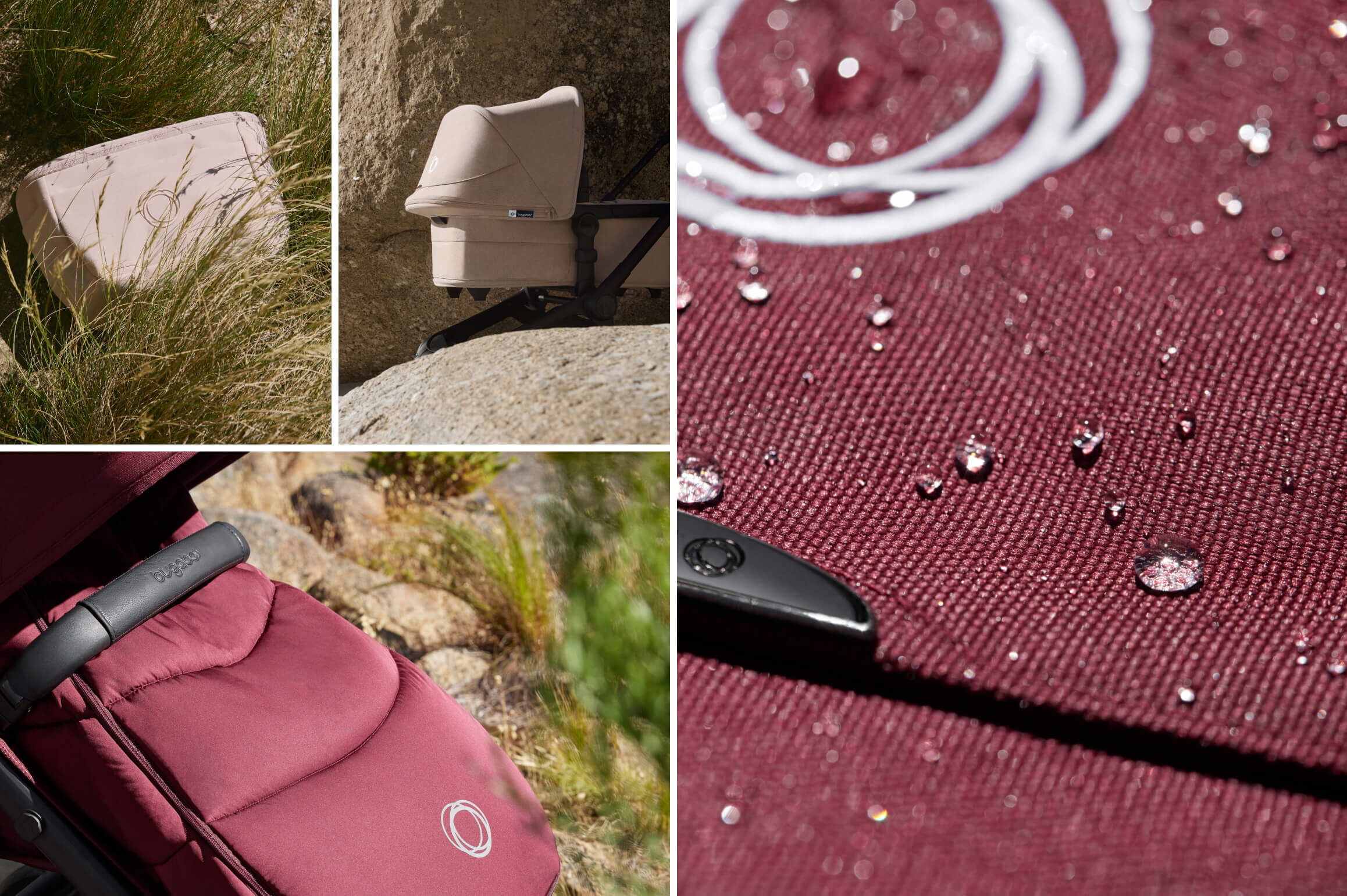 A collage of four images: A Bugaboo Fox 5 Renew stroller in Desert Taupe colorway peeking out behind tall grass. The same stroller coming out from behind a boulder. Close-up on a Bugaboo footmuff in Dark Cherry colorway in front of a rocky surface. Extreme close-up on the Bugaboo sun canopy in Dark Cherry colorway with water droplets rolling on the fabric, showing its water-repellent properties.