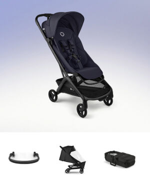 A Bugaboo Butterfly 2 ultra-compact travel stroller, shown with various baby accessories in the bundle.