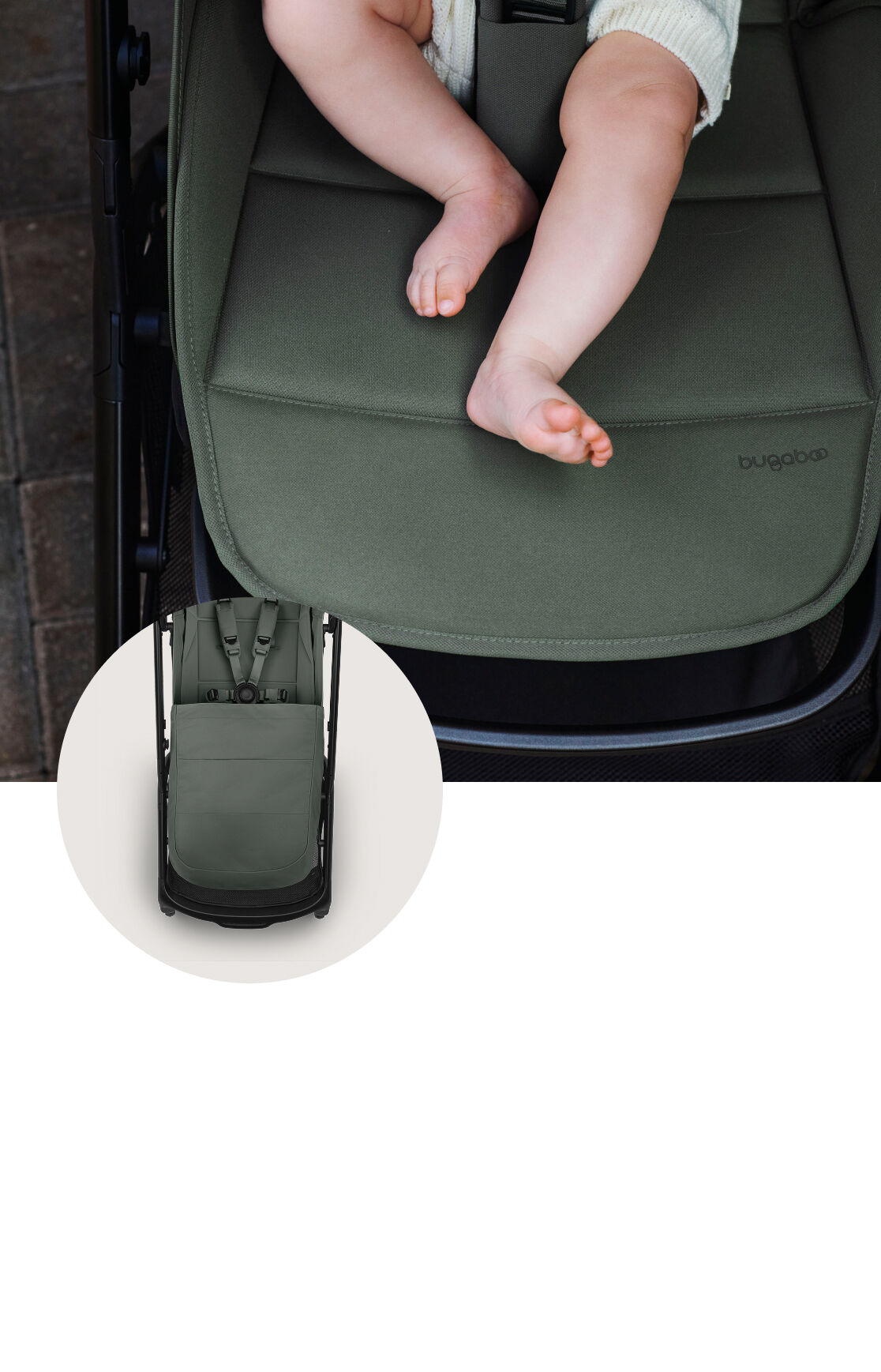 A close-up of a baby's bare feet resting on the seat of a Bugaboo Butterfly 2 Plus stroller, with a circular photo on the bottom left showing the full stroller seat from above.