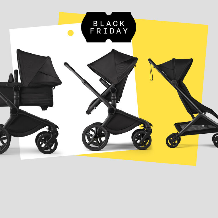 A row of three Bugaboo strollers with black fabrics, on top of a graphic background with a white square and a yellow square. On top is a black tag with the words “Black Friday” in white.
