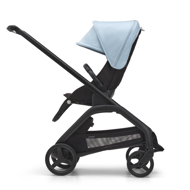 Sideway view of a Bugaboo Dragonfly compact stroller with a seat and a Skyline Blue canopy.