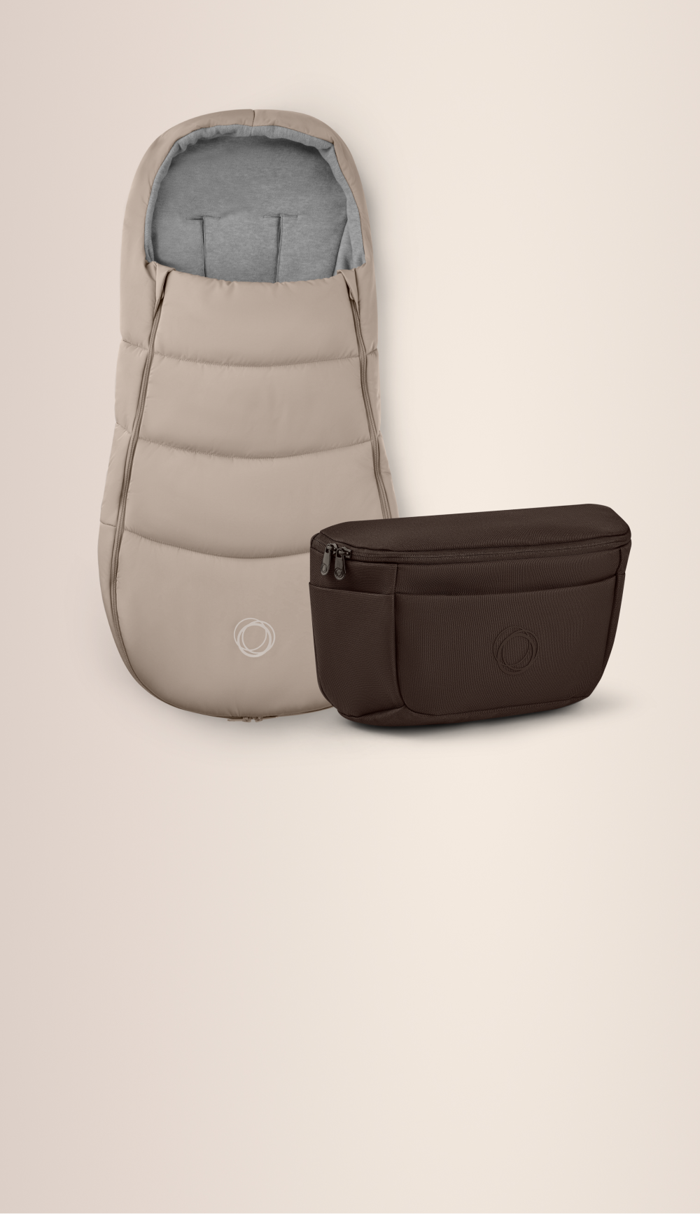 A Bugaboo organiser in Cocoa Brown and a Bugaboo footmuff in Desert Taupe.