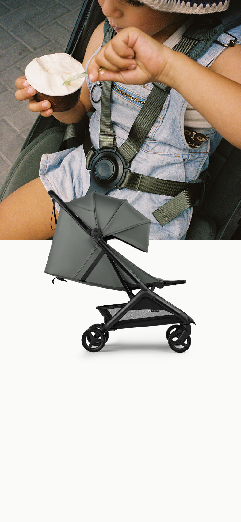 Two images, one overlapping the other. Behind: Mum, dad, and their baby against a sky blue background. Dad lifts their baby into the air. On top: A Bugaboo Butterfly 2 travel pushchair in green fabrics.