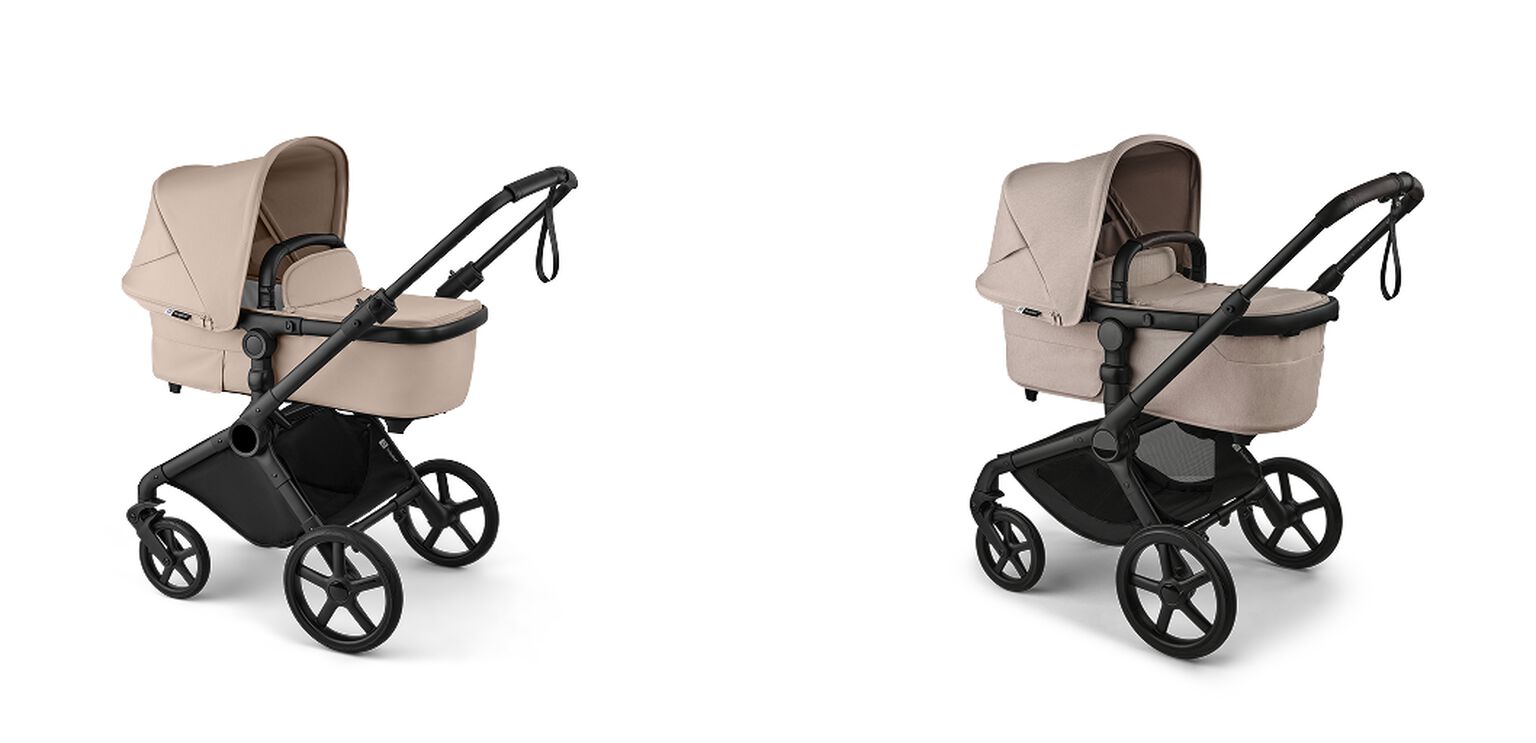 On the left, a Bugaboo Cub. On the right, a Bugaboo Fox 5 Renew. Both strollers are in Desert Taupe colorway.