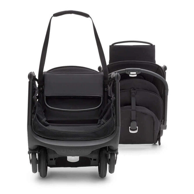 Two ways to carry a folded Butterfly stroller: By the carry strap or the leg rest.