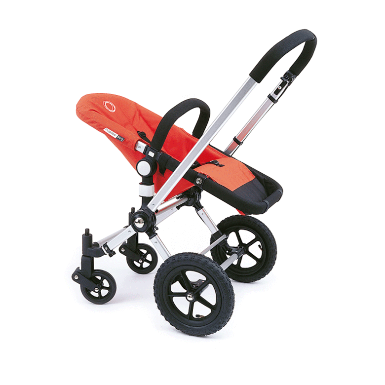 L'évolution de la poussette Bugaboo depuis 1999. De gauche à droite : Bugaboo Frog, Bugaboo Cameleon, Bugaboo Cameleon 3 Plus, Bugaboo Fox 5.