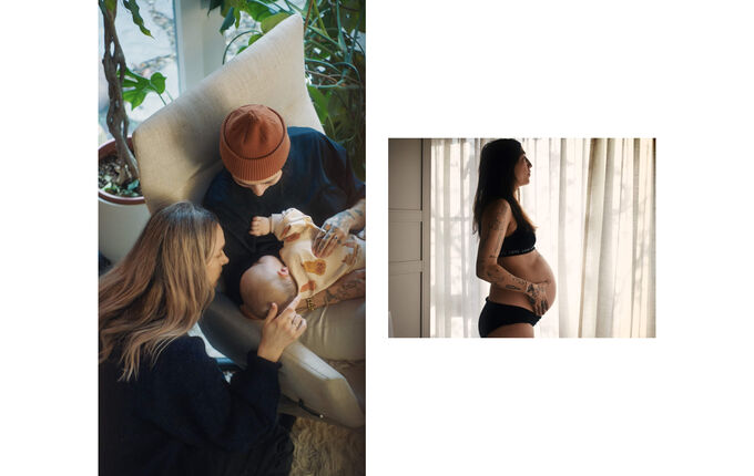 Ceceお母さんが抱っこする赤ちゃんの髪をDebbieお母さんがなでる。 右は、赤ちゃんのいるお腹に手を置く妊婦のCece。 