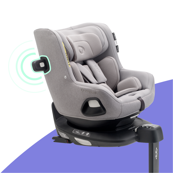 Bugaboo Owl by Nuna car seat on the 360 ISO Base by Nuna, with side-impact protection pod attached.