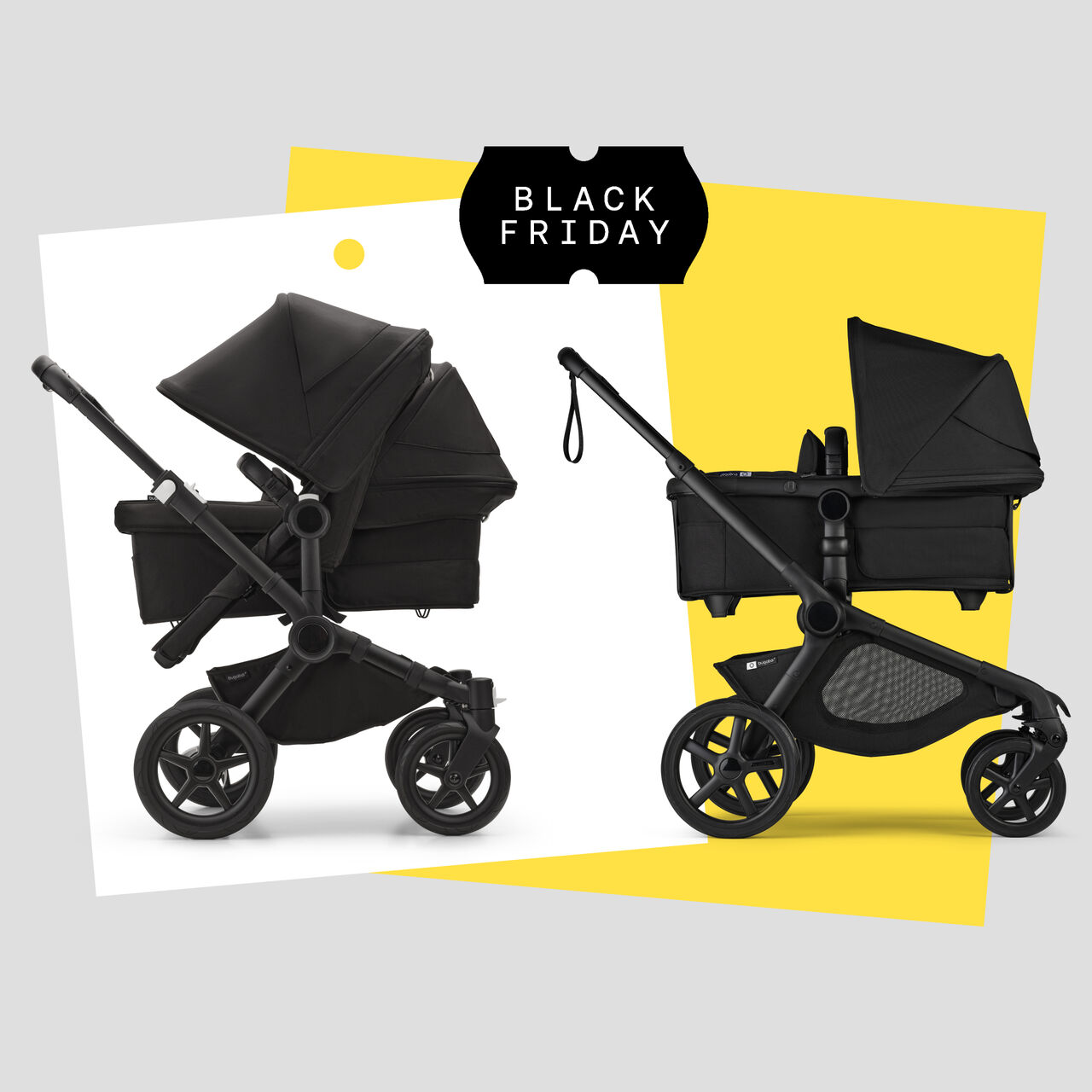 A row of two Bugaboo newborn strollers with black fabrics, on top of a graphic background with a white square and a yellow square. On top is a black tag with the words “Black Friday” in white.