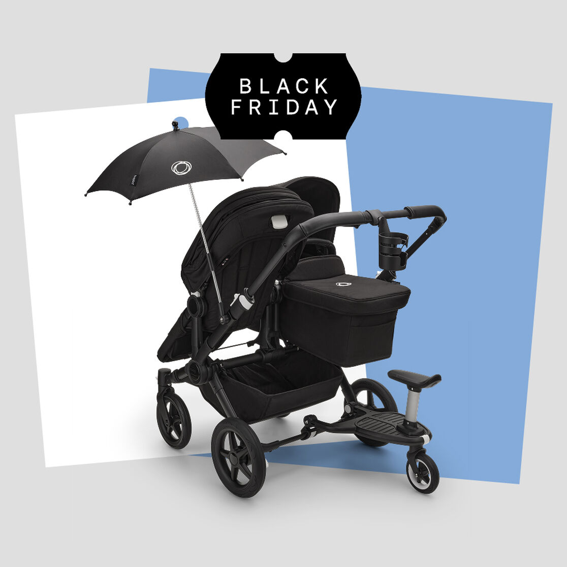 A Bugaboo Donkey 5 Duo stroller with a bassinet, a seat, and various accessories. In the background is a graphic image with a white square and a blue square. On top is a black tag with the words “Black Friday” in white.