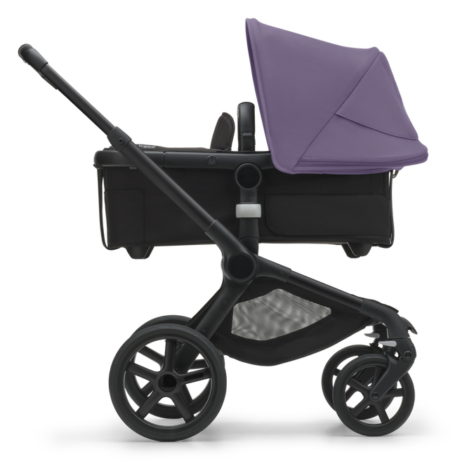 Bugaboo Fox 5 pushchair with carrycot and Astro purple sun canopy.