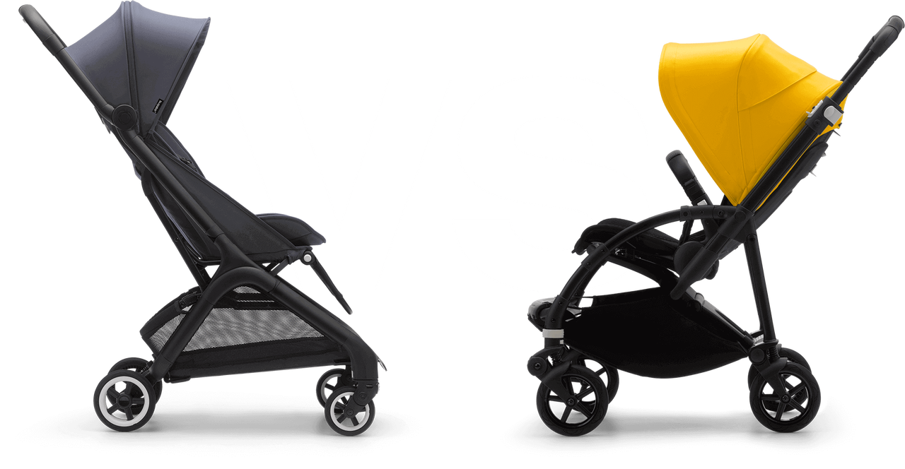 Bugaboo Butterfly stroller in stormy blue fabrics and Bugaboo Bee 6 stroller with yellow sun canopy.