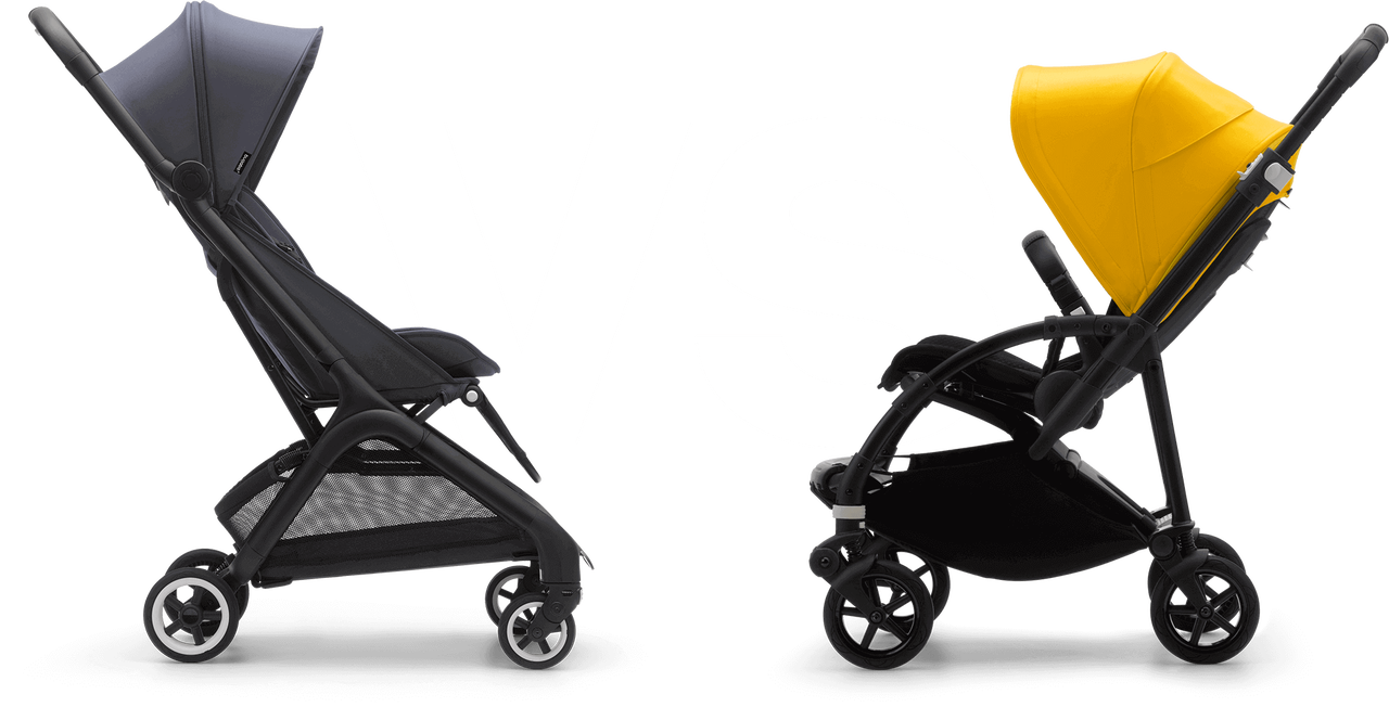 Bugaboo Butterfly stroller in stormy blue fabrics and Bugaboo Bee 6 stroller with yellow sun canopy.
