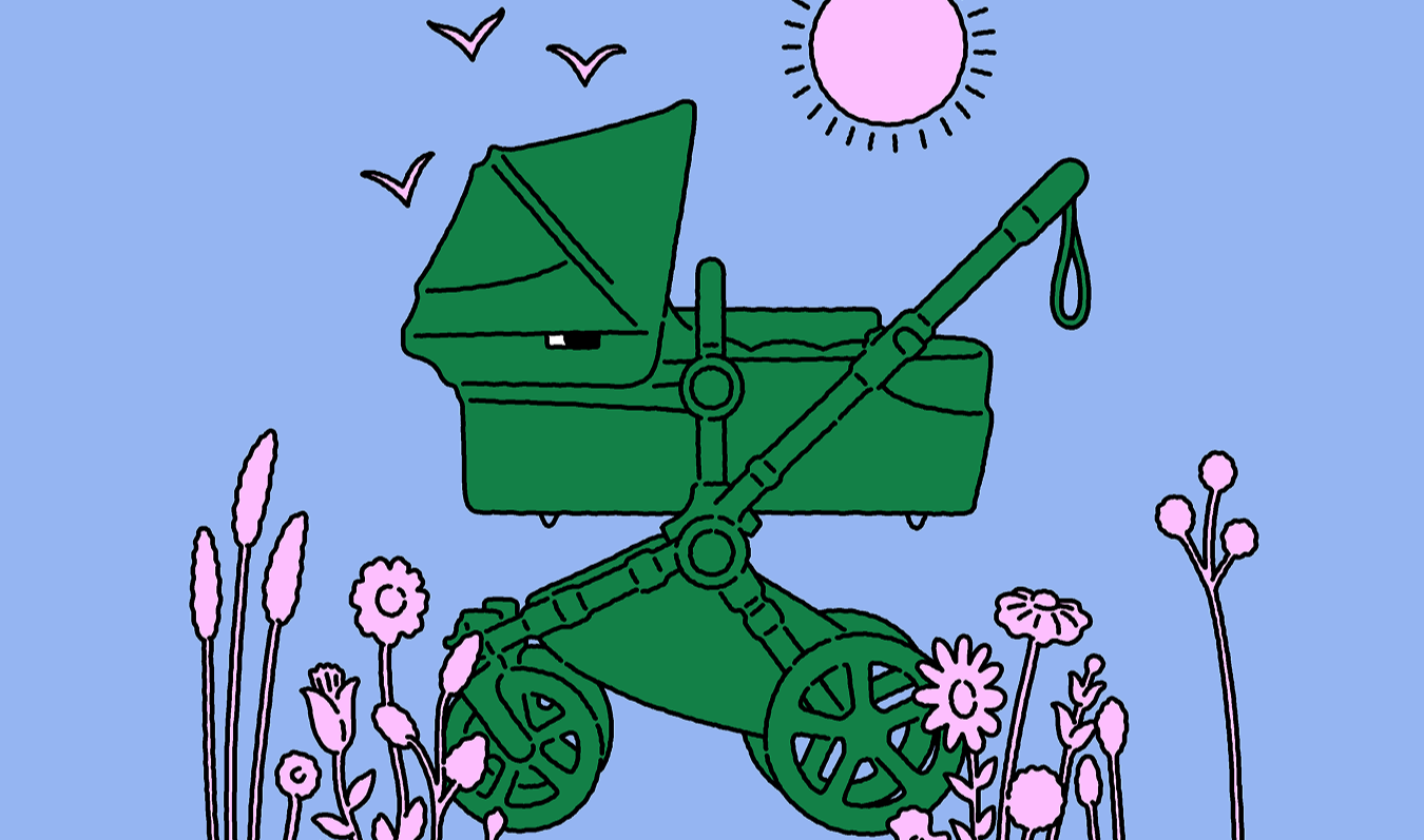 Eine handgezeichnete Illustration eines grünen Bugaboo-Kinderwagens, der inmitten von rosa Blumen, unter einer rosa Sonne und einem blauen Himmel steht. Unter dem Kinderwagen springt ein kleiner rosa Fisch aus einem blauen Teich.