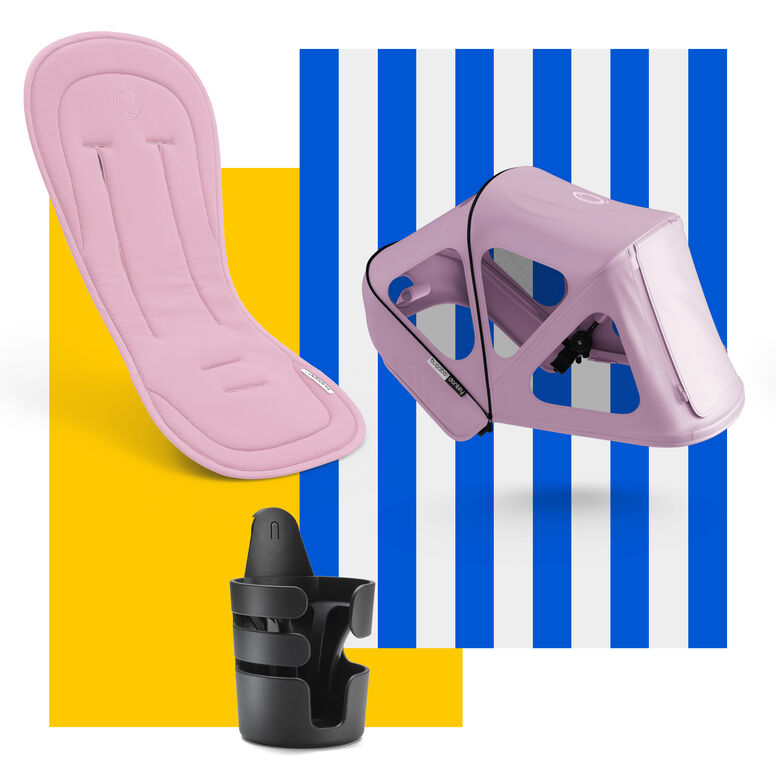 Bugaboo Donkey spring accessories bundle: cupholder, seat liner and sun canopy.