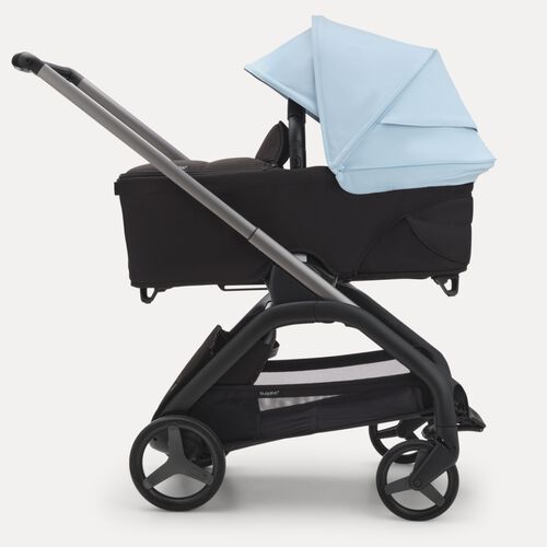 Bugaboo Dragonfly pram with bassinet and Skyline blue sun canopy.