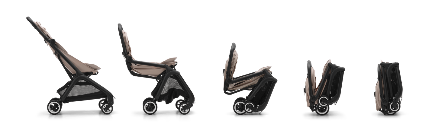 A sequence of images showing the Bugaboo Butterfly pram in motion as it folds down into an ultra-compact package.