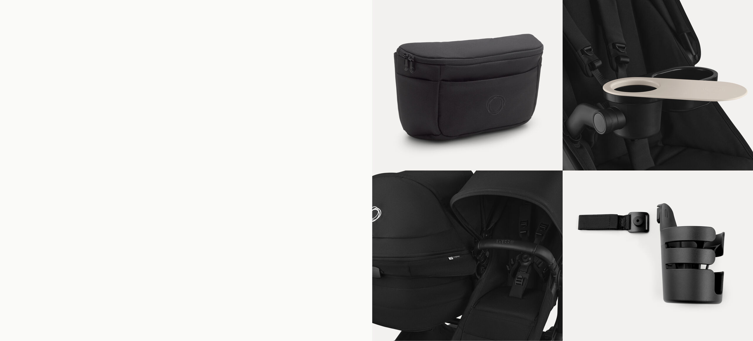 Four squares, one of Bugaboo Donkey 6, one with an organizer, one with a cupholder and one with a tray