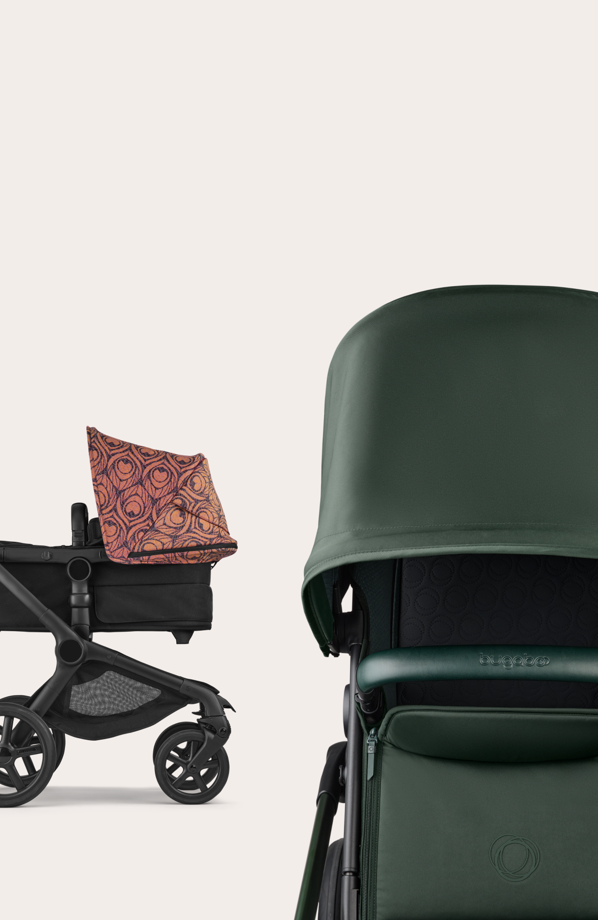 Two product images of two strollers. On the left, a Bugaboo Fox 5 Renew stroller with a black bassinet and a Bugaboo x Artipoppe Limited Edition sun canopy. On the right, a close-up detail of a Forest Green sun canopy and bassinet fabric.