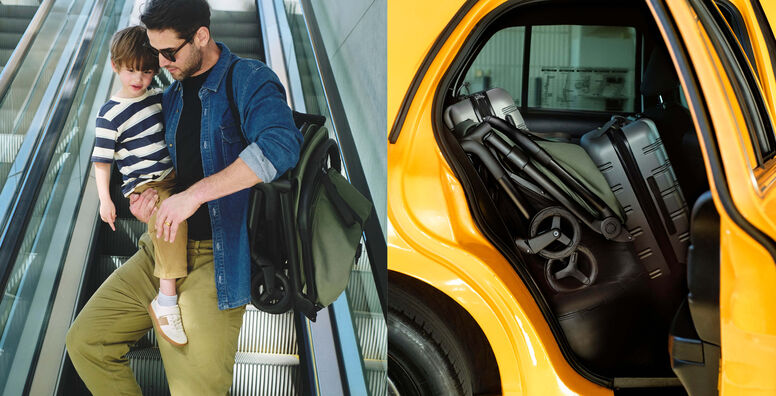 A collage of two photos. On the left, a dad carries his child in one arm and the Bugaboo Butterfly 2 travel stroller over his shoulder, while standing on a moving escalator. On the right, a compactly folded Bugaboo Butterfly 2 is stowed in the backseat of a car alongside two other pieces of luggage.