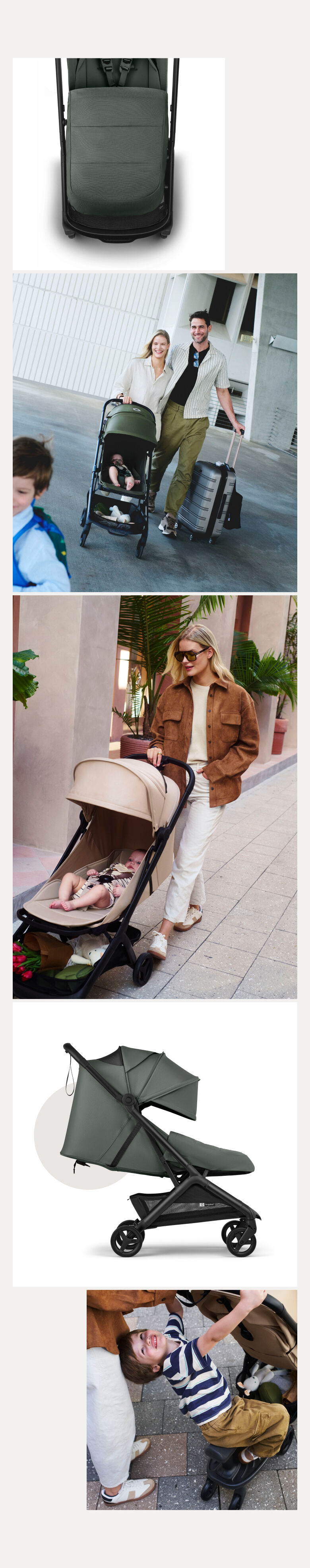 A collage of five photos captures a joyful seaside day with a happy family — mom, dad, and their two kids. The Bugaboo Butterfly 2 travel stroller is always with them, either comfortably carrying a child or compactly slung over mom’s shoulder.