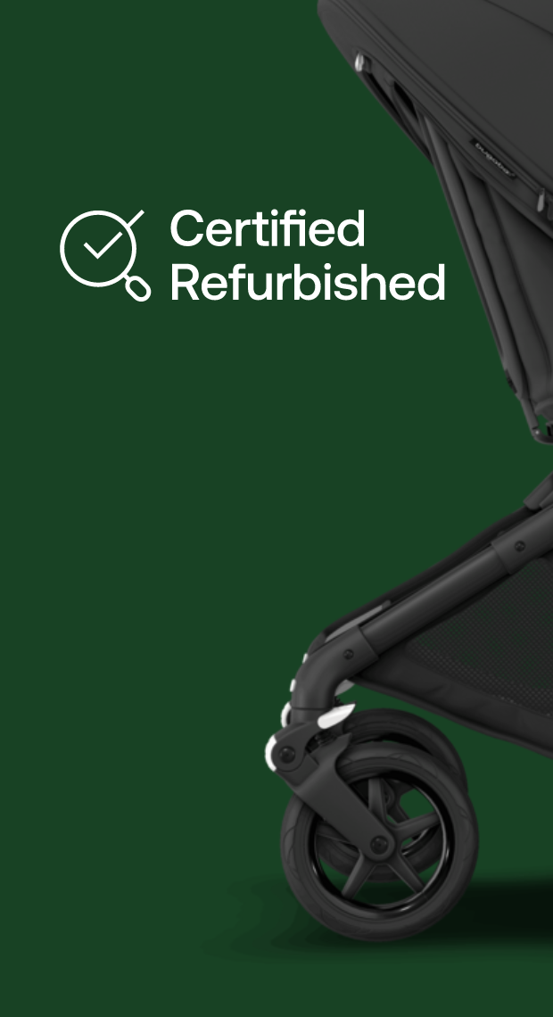 Picture of a refurbished stroller and a title, certified refurbished