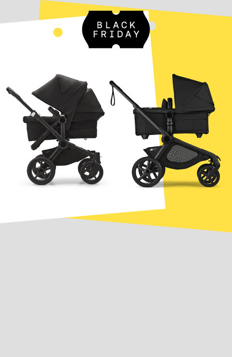 A row of two Bugaboo newborn strollers with black fabrics, on top of a graphic background with a white square and a yellow square. On top is a black tag with the words “Black Friday” in white.