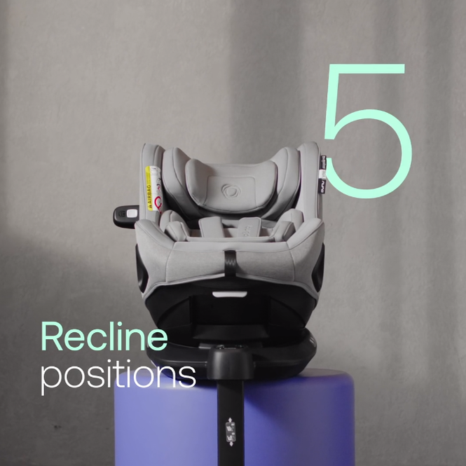 Bugaboo Owl by Nuna car seat on a pedestal. The text reads: 5 recline positions.