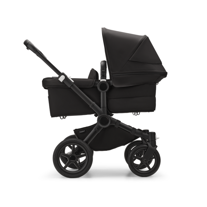 Bugaboo Donkey 5 Twin double stroller with Midnight Black sun canopy.