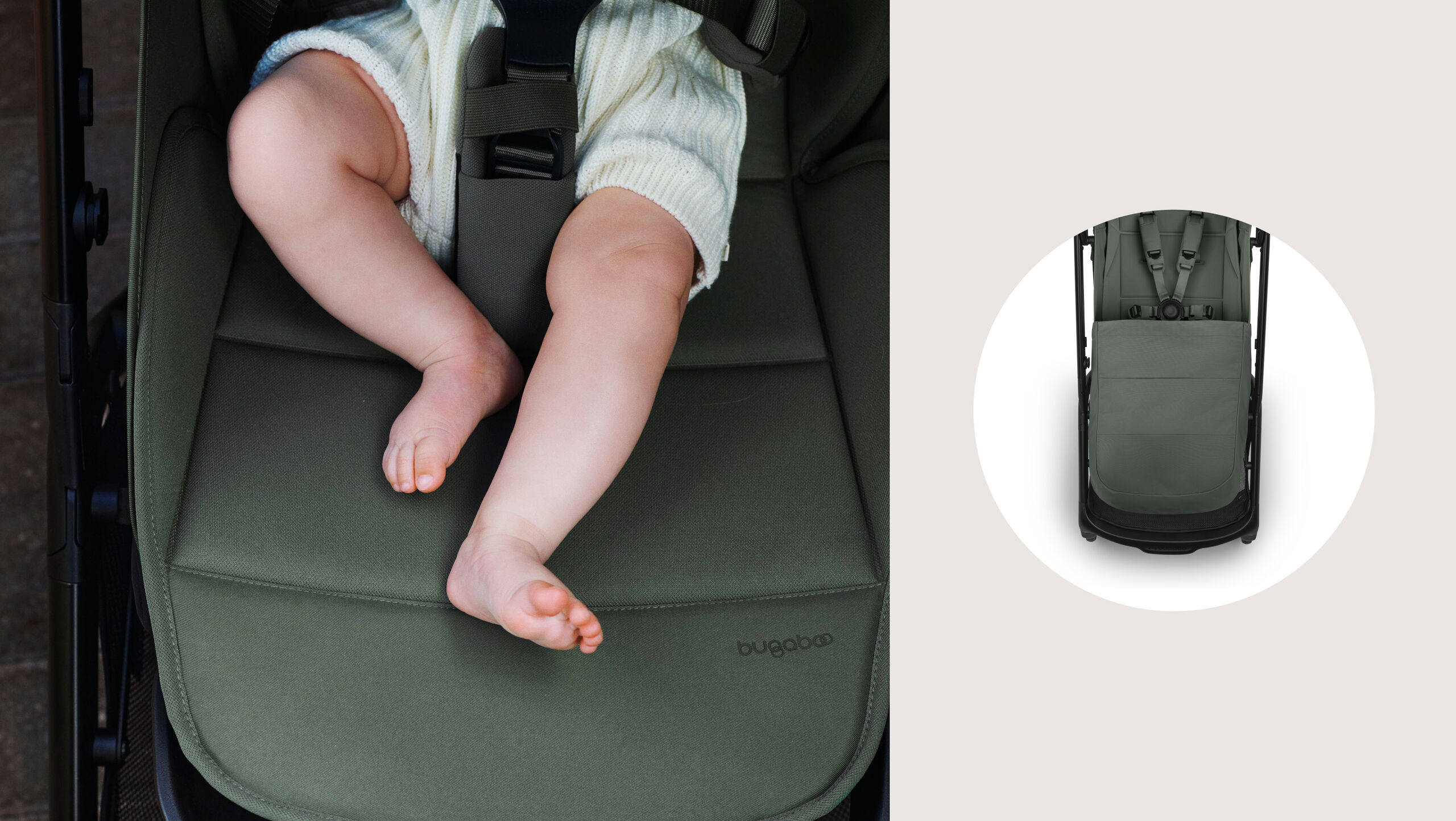 A close-up of a baby's bare feet resting on the seat of a Bugaboo Butterfly 2 Plus stroller, with a circular photo on the right showing the full stroller seat from above.