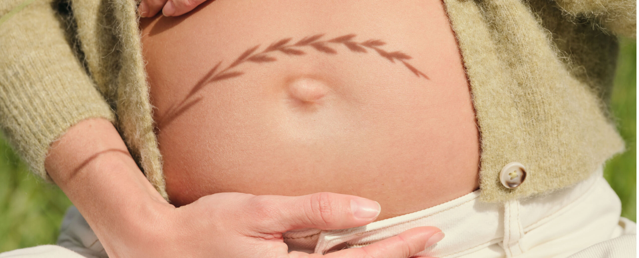 A pregnant woman wearing a cozy cardigan cradles her exposed belly bump. An olive branch casts its shadow on the belly.