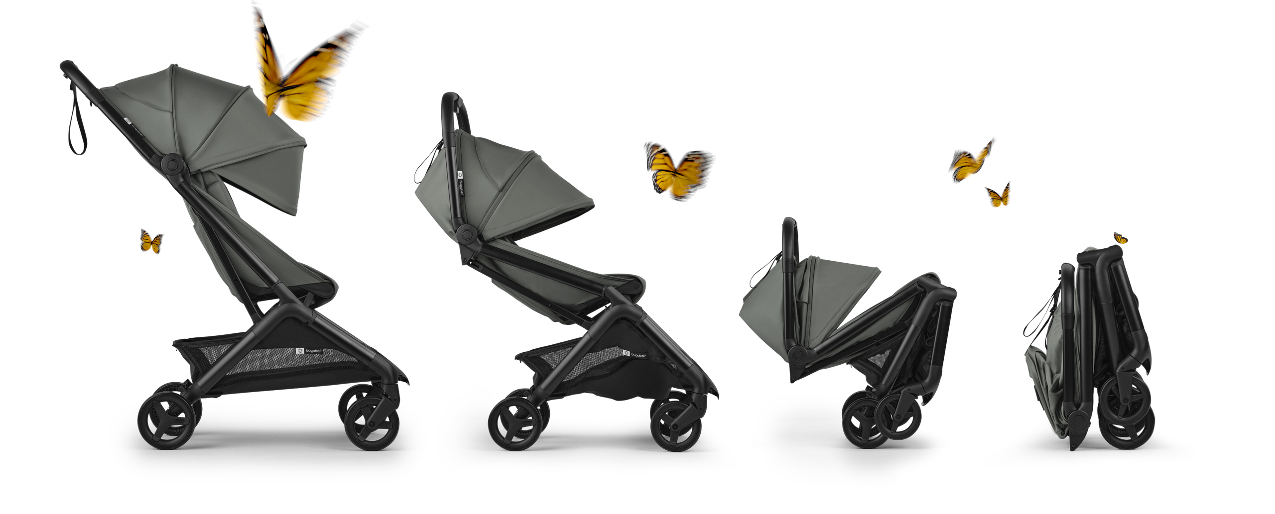 Enchaînement de quatre poussettes Bugaboo Butterfly 2 à différents stades de leur pliage, de l'ouverture intégrale au pliage total. Des papillons orange virevoltent autour des poussettes.