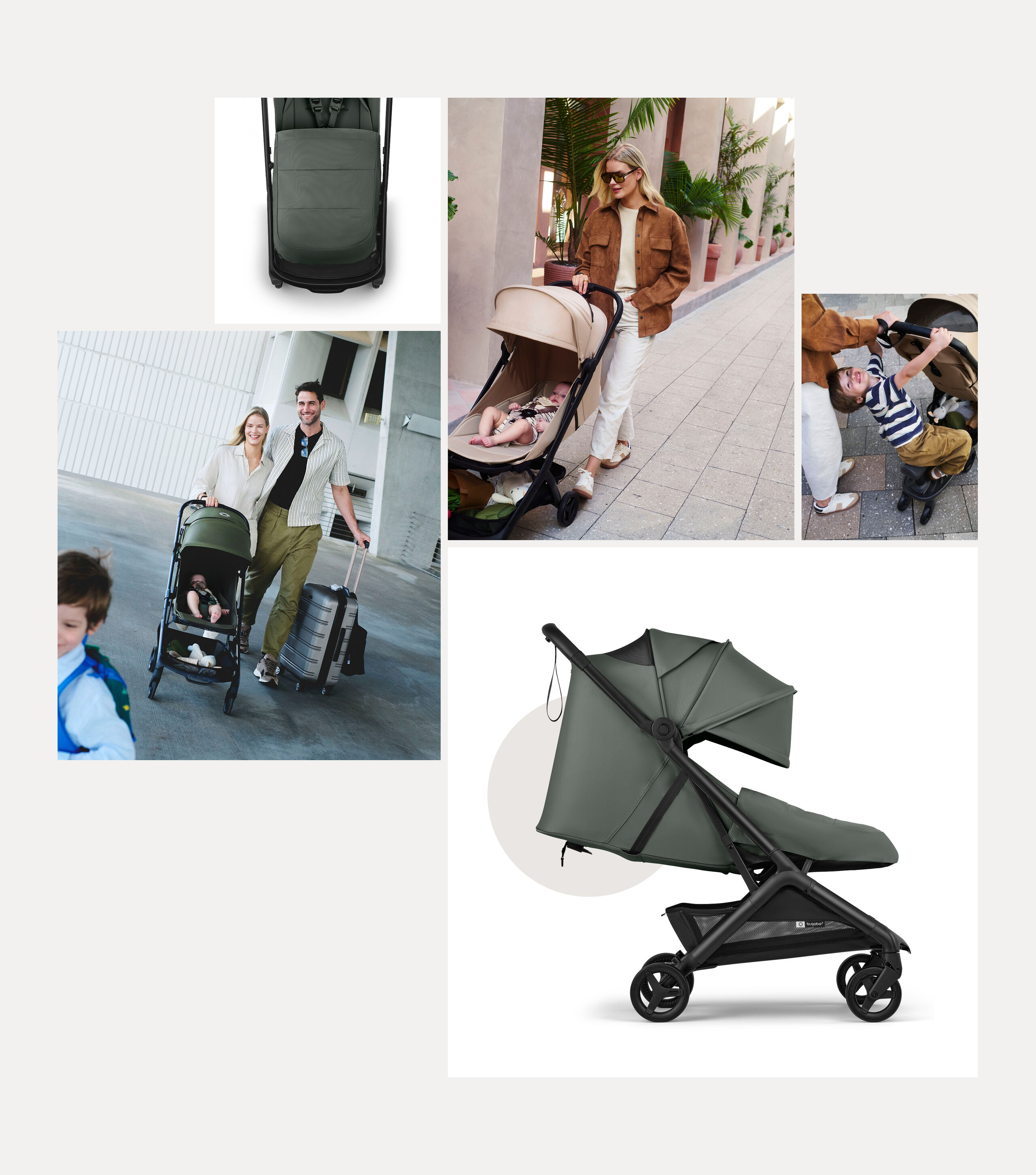 A collage of several photos depicting the Bugaboo Butterfly 2 Plus travel stroller, with a lay-flat seat, with different families as they travel and explore the city.