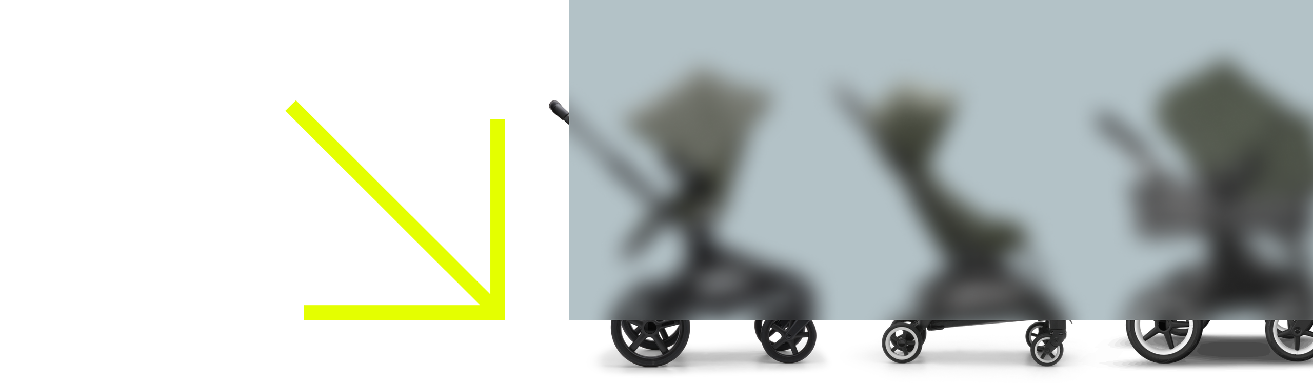 An image with Black Friday in white text over a gray background, with a vibrant yellow arrow next to it, in the top left corner. The image features three Bugaboo strollers behind a frosted screen effect. The wheels of each stroller peek underneath the frosted effect.