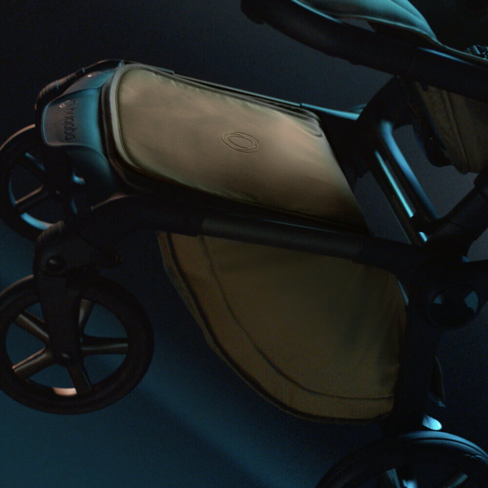 Close-up on the Noir Limited Edition: The redesigned underseat basket with built-in cover and fabrics in Amber Glow.