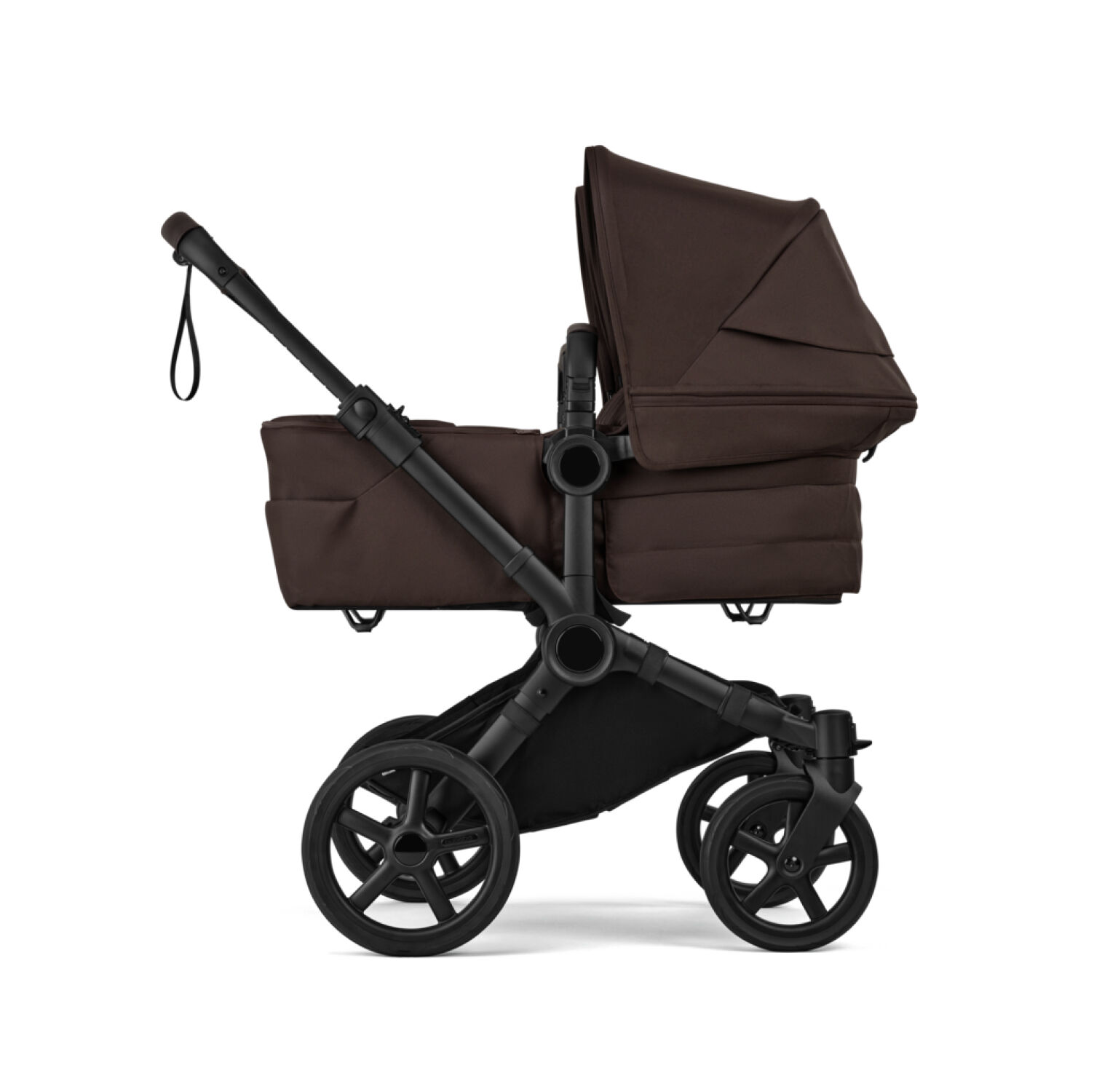 A Bugaboo Donkey 6 stroller in single configuration, featuring a seat and a side bag. The fabrics are in Cocoa Brown.