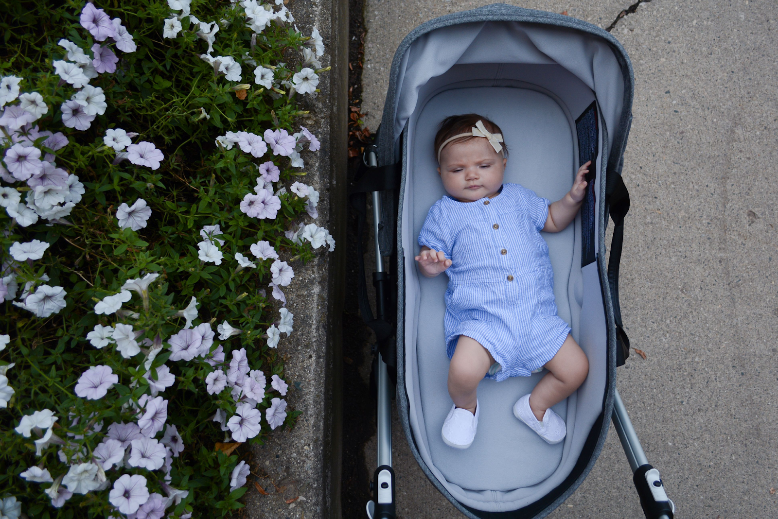 Baby sleeping in a carrycot pushchair