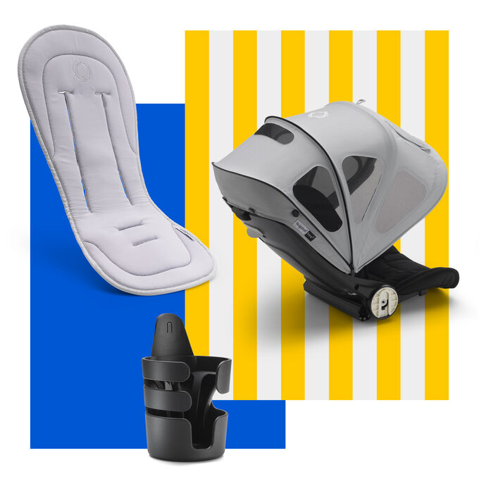 Bugaboo Bee spring accessories bundle: cupholder, seat liner and sun canopy.