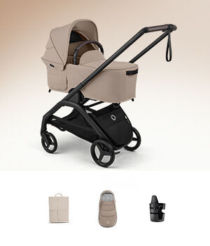 A Bugaboo Dragonfly Plus compact pushchair with a bassinet, shown with various baby accessories in the bundle.