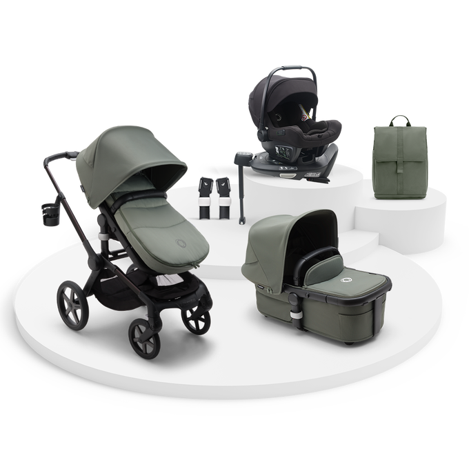 Bugaboo Fox Bundle with footmuff and rain cover, backpack, 360 base with the Bugaboo Turtle and the adpaters