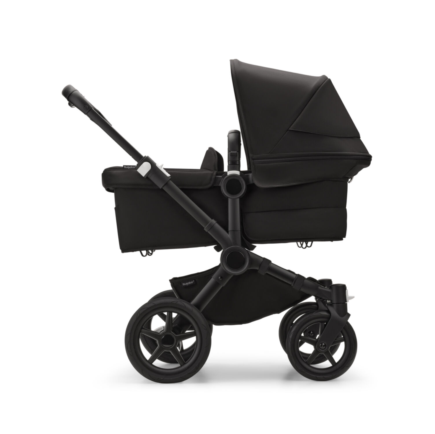 A Bugaboo Donkey 6 stroller in single configuration, featuring a seat and a side bag. The fabrics are in Cocoa Brown.
