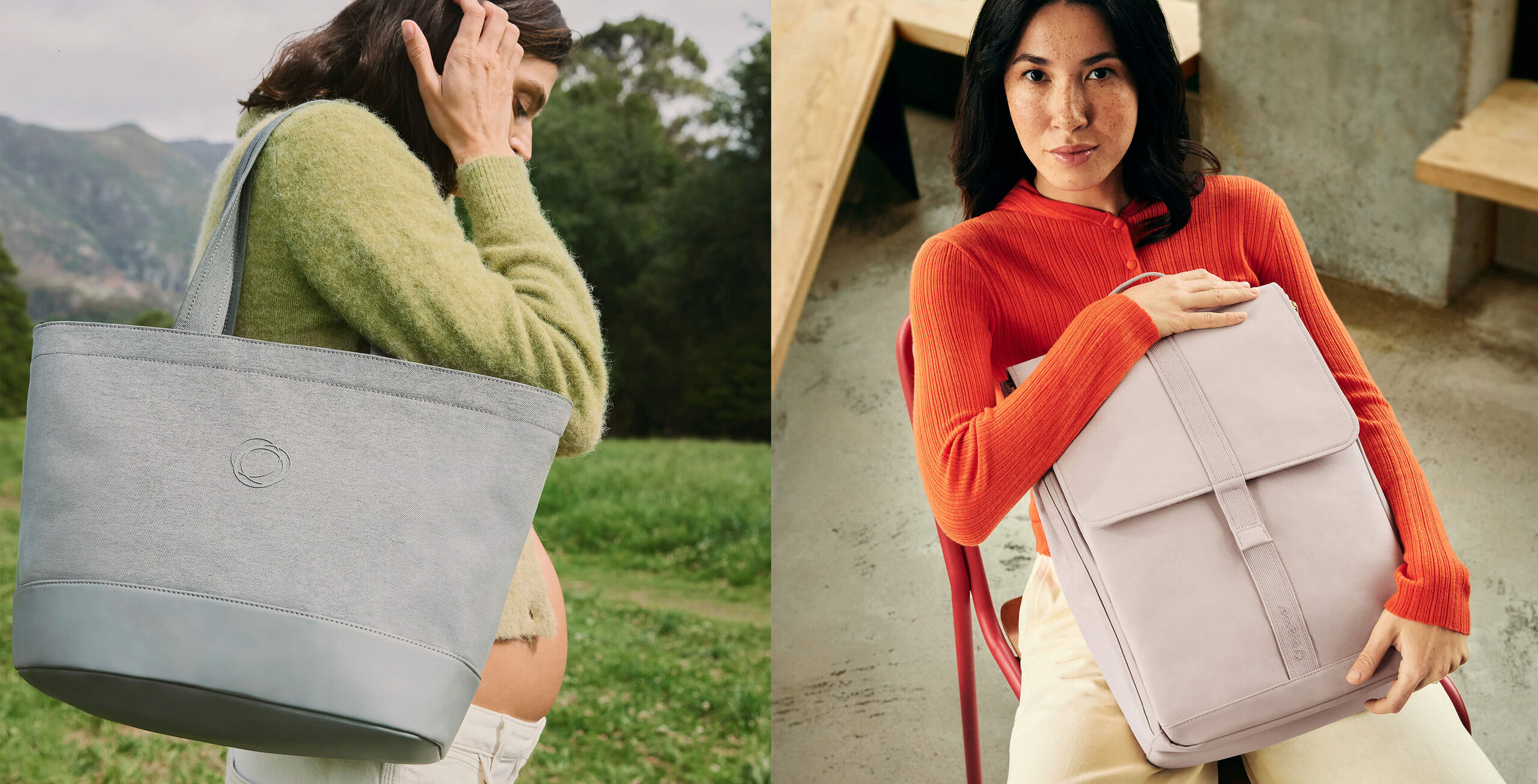 A collage of two photos. On the left, a pregnant woman walks through a nature park with a Bugaboo organizer bag slung over her shoulder. On the right, a woman sits on a chair, holding a Bugaboo changing backpack in her lap and looking directly at the camera.