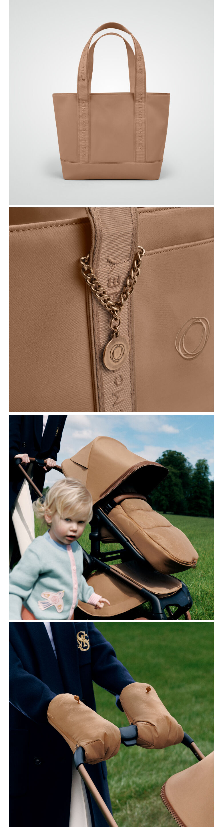 A collage of different product and lifestyle images featuring the accessories in the Bugaboo x Stella McCartney Special Edition