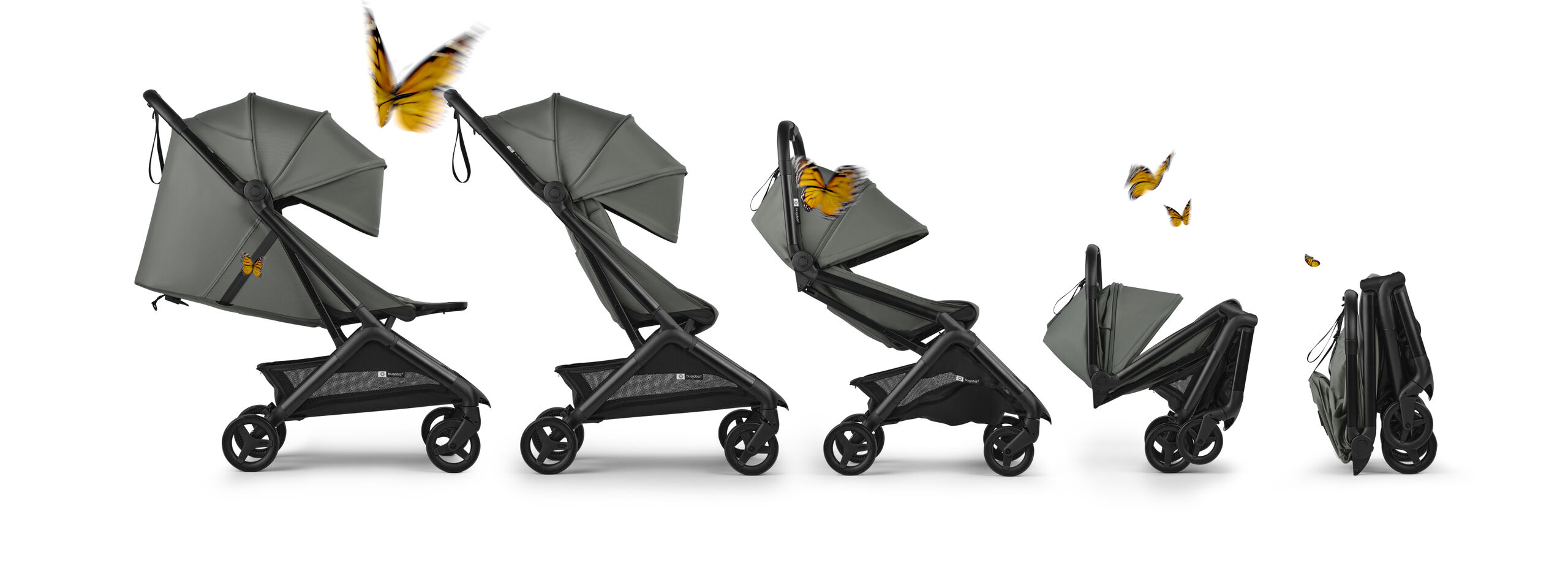 A sequence of five Bugaboo Butterfly 2 Plus strollers in different stages of folding, from fully open to completely folded. Orange butterflies flutter around the strollers.