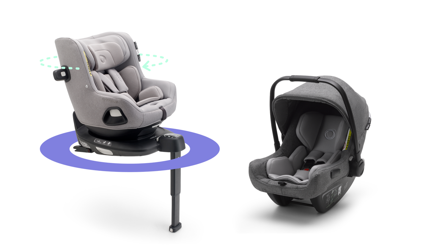 Two car seats: Bugaboo Owl by Nuna on the 360 ISOFIX Base, and Bugaboo Turtle Air by Nuna.