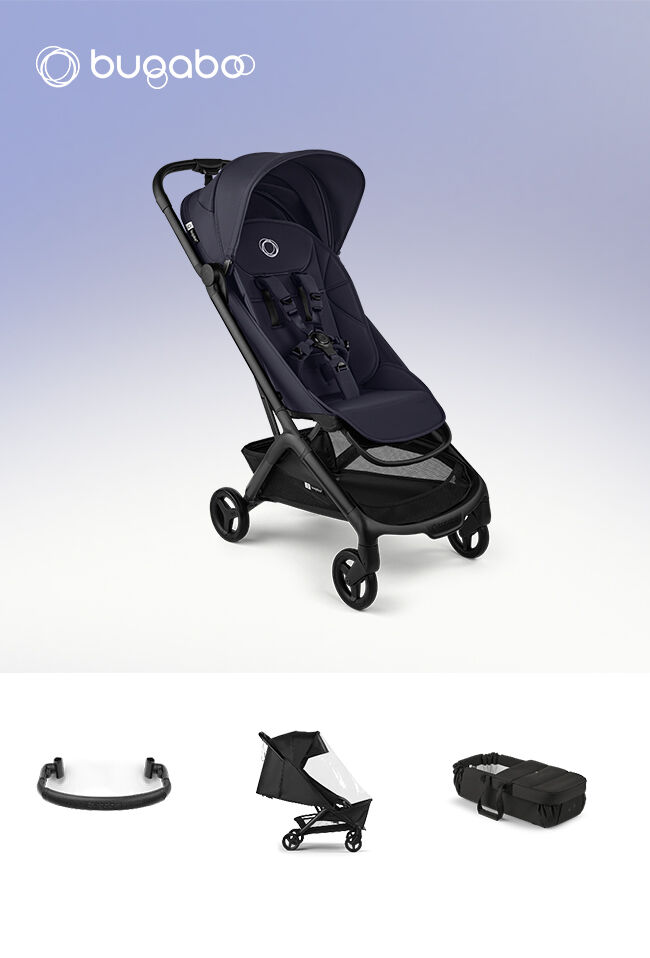 Poussette de voyage ultra compacte Bugaboo Butterfly 2, présentée dans un pack avec divers accessoires pour bébé