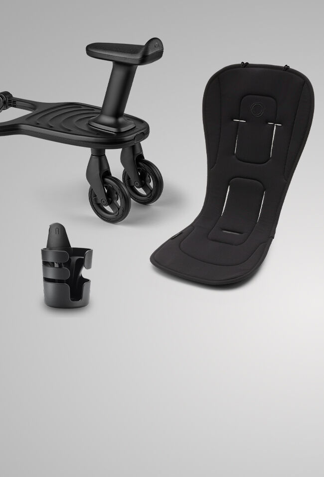 Bugaboo seatliner, wheeleed board and cup holder.