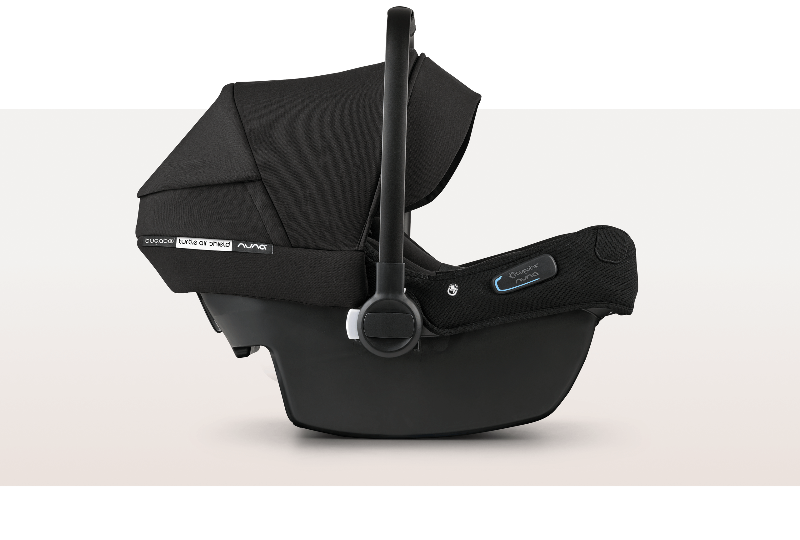 Side view of a Bugaboo Turtle Air Shield by Nuna car seat in black.