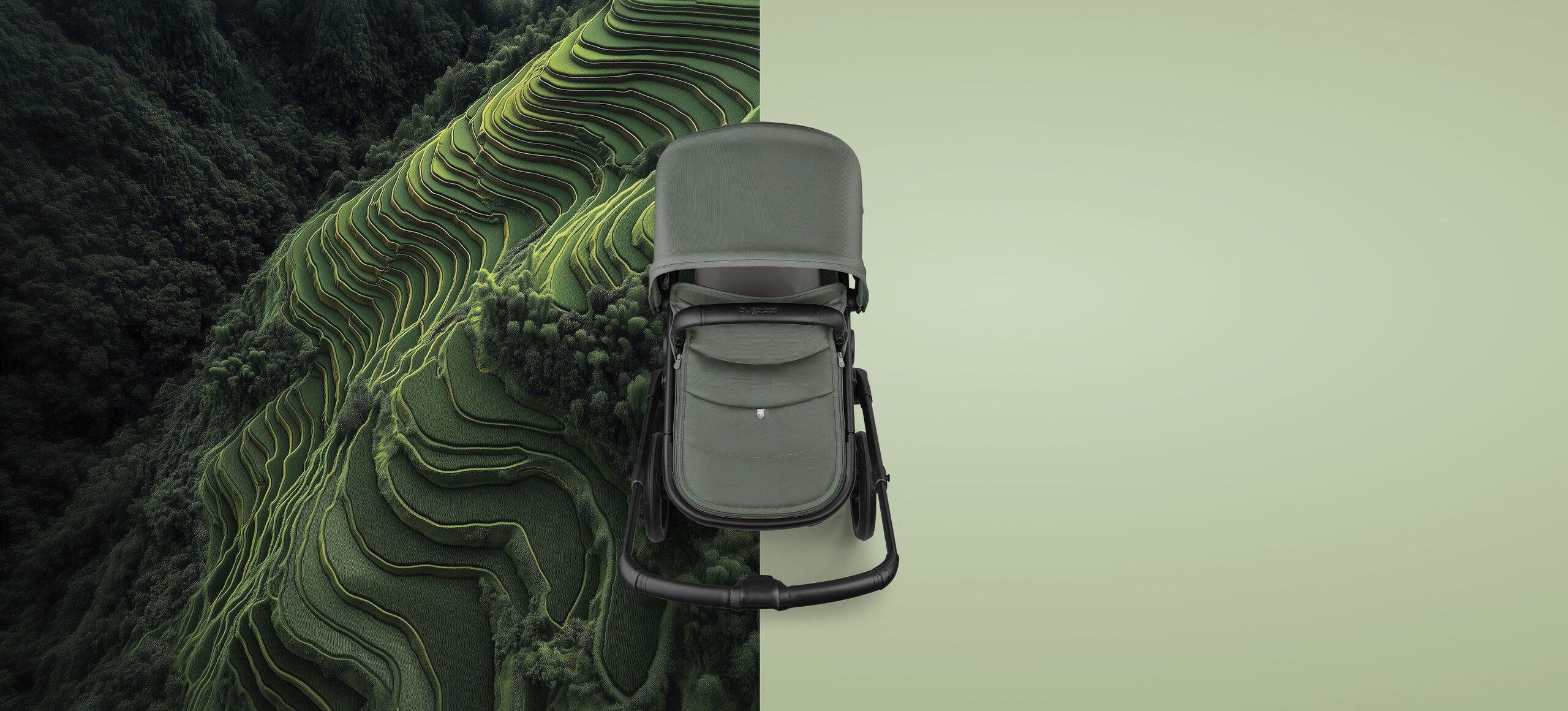 In the middle, top view of a Bugaboo Fox 5 Renew bassinet stroller in Forest Green fabrics. On the left, a CGI image depicts terraced fields on a mountain, with layered levels that look like a giant staircase.